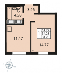 Однокомнатная квартира 34.3 м²