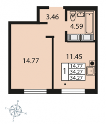 Однокомнатная квартира 34.4 м²