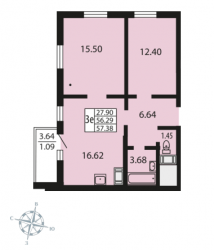Двухкомнатная квартира 58.4 м²