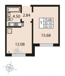 Однокомнатная квартира 35.3 м²