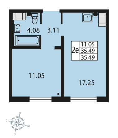 Однокомнатная квартира 35.7 м²